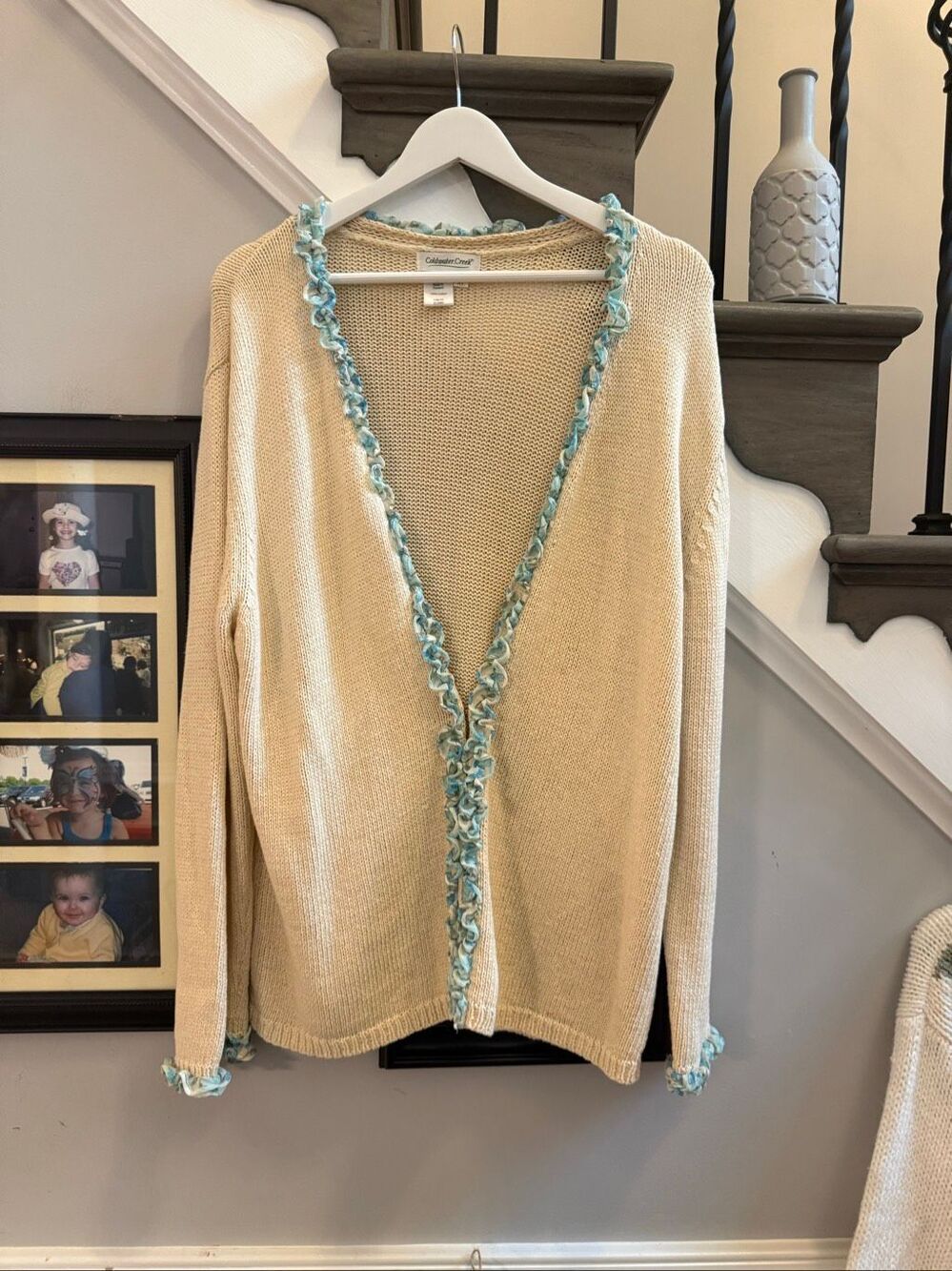 Coldwater Creek Natural w/ Blue Ruffle Trim Cardigan sz XL EUC